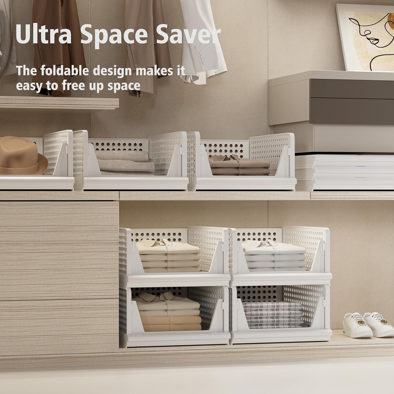 Stackable Plastic Storage Basket Closet Organizer Bin Foldable Clothes Organizer Storage Drawer Shelf Container for Living Room Bathroom Kitchen Office Laundry Room - Image 4