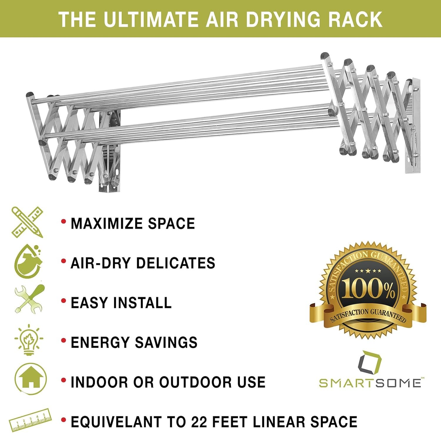 Smartsome | Wall Mounted | Clothes Drying Rack | 34" Wide | 22.5 Linear Feet Capacity | 8 Smooth Round Stainless Steel Rods | 60 lb Capacity | Fully Assembled | Compact Sturdy Space-Saving Design - Image 9