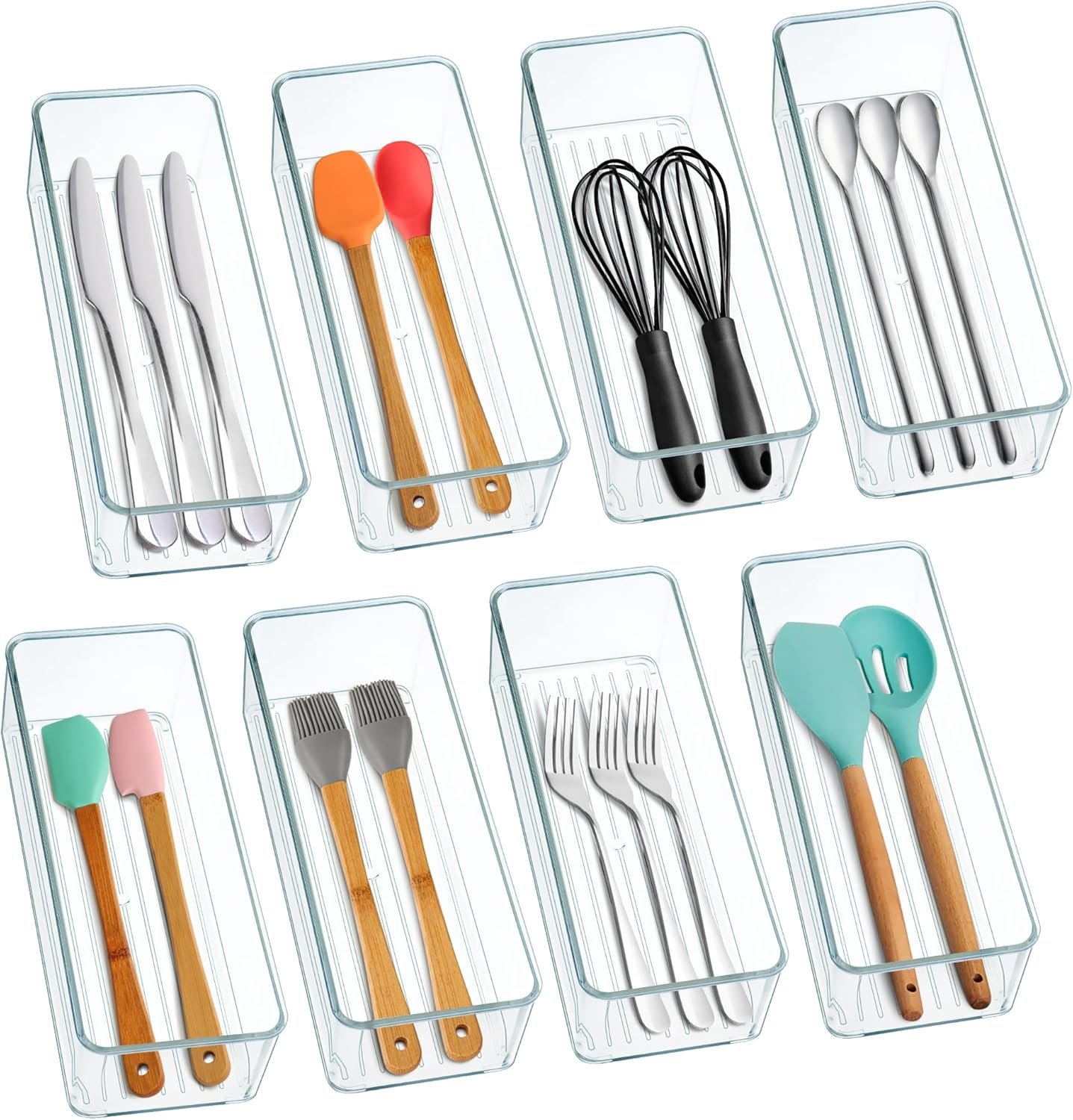 Hudgan 8 Pack Clear Plastic Drawer Organizer Bins Set, Stackable Cutlery Storage Bins Trays for Organizing Kitchen, Bathroom, Office, Crafts, Gadgets, Cabinet Supplies - Image 2