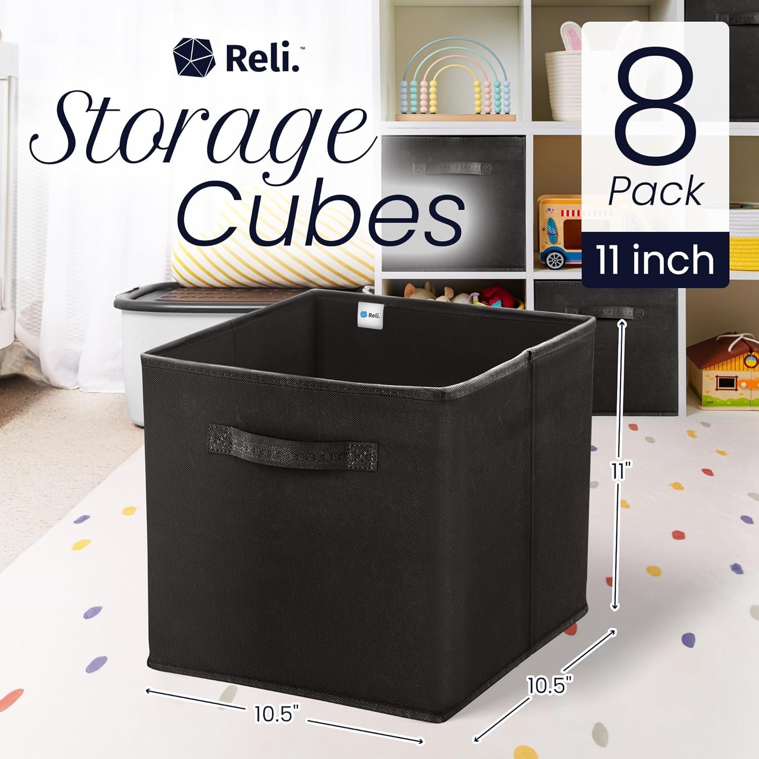Reli. 11 Inch Cube Storage Bins (8 Pack) | Cube Organizer Bins | 11x11 Fabric Storage Boxes | Collapsible, Foldable Fabric Cubby Box (Square) | Kids Room Organization (Black) - Image 3