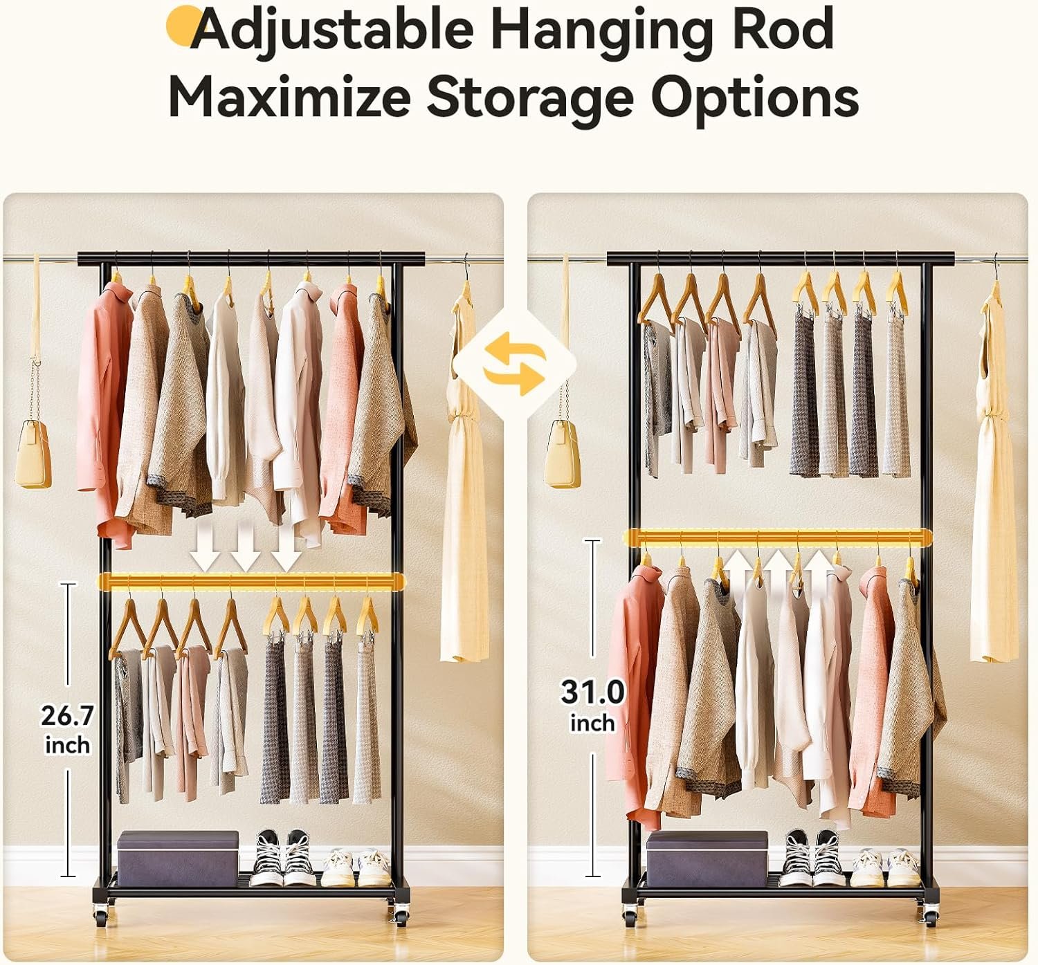 Heavy Duty 50 Inches Garment Rack with Wheels, Roling Clothing Rack with Shelf for Hanging Clothes, Adjustable Metal Frame, 2 Casters with Brakes, Black - Image 5