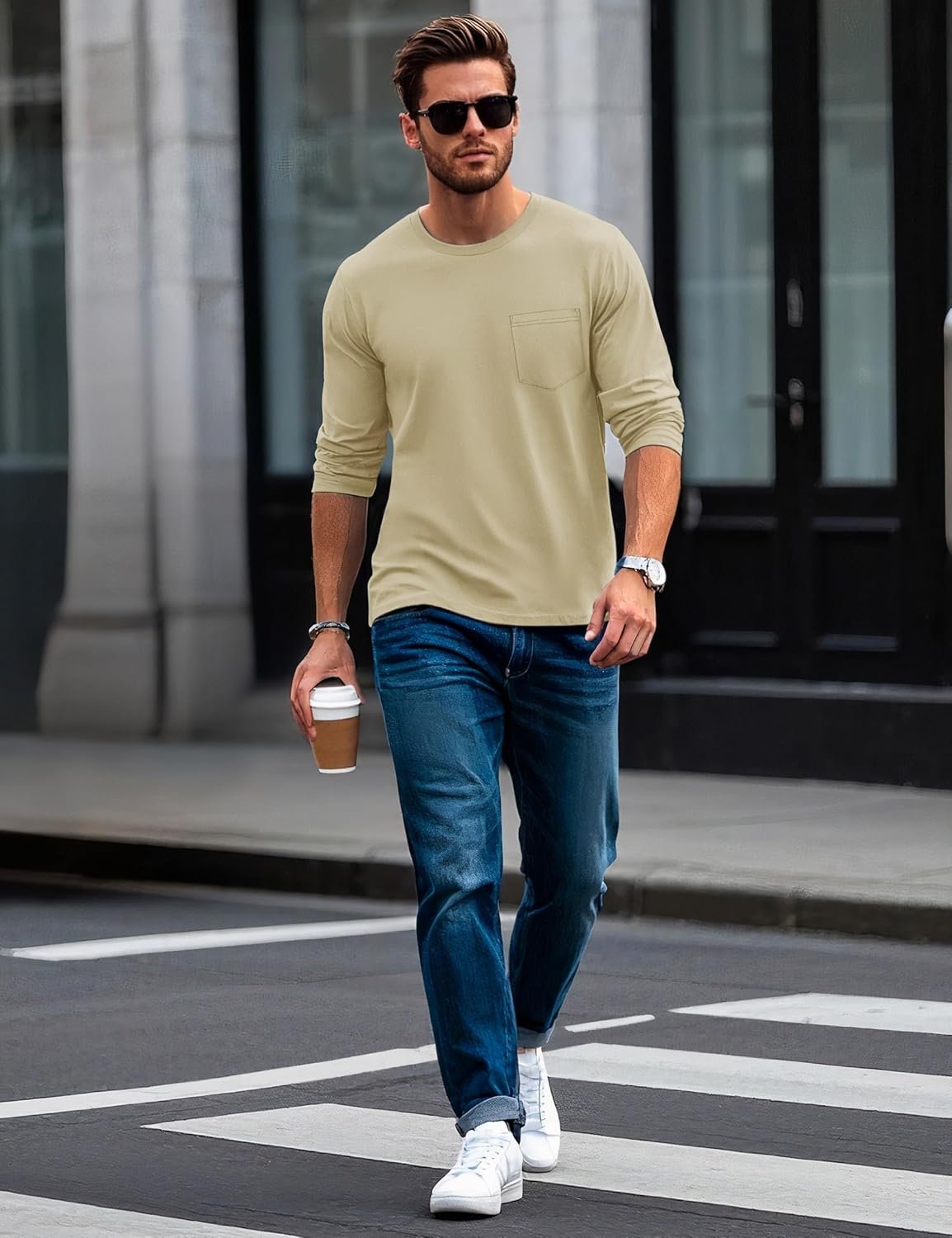 MAGCOMSEN Men's Long Sleeve Shirt with Pocket Cotton Crew Neck Shirts Casual Lightweight T-Shirt - Image 5