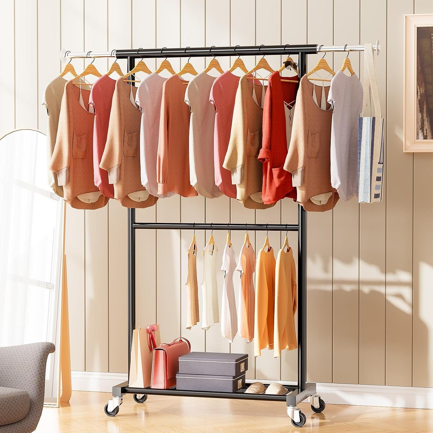 Heavy Duty 50 Inches Garment Rack with Wheels, Roling Clothing Rack with Shelf for Hanging Clothes, Adjustable Metal Frame, 2 Casters with Brakes, Black - Image 3