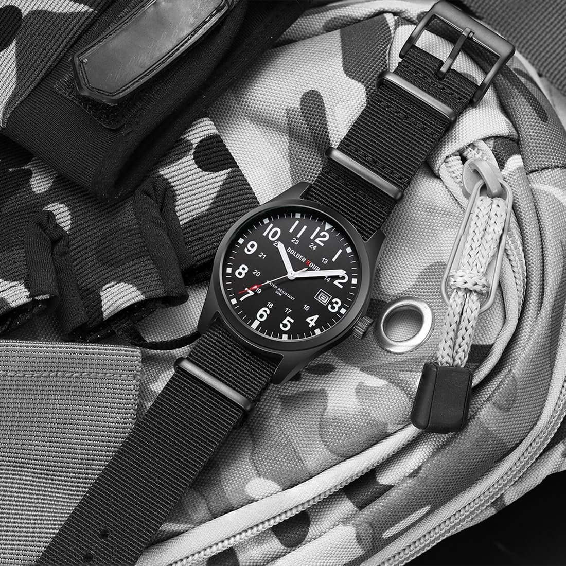 GOLDEN HOUR Men's Nylon Slip-Thru Strap Watch with Military Time Easy Read Dial Glowing Hands - Image 7