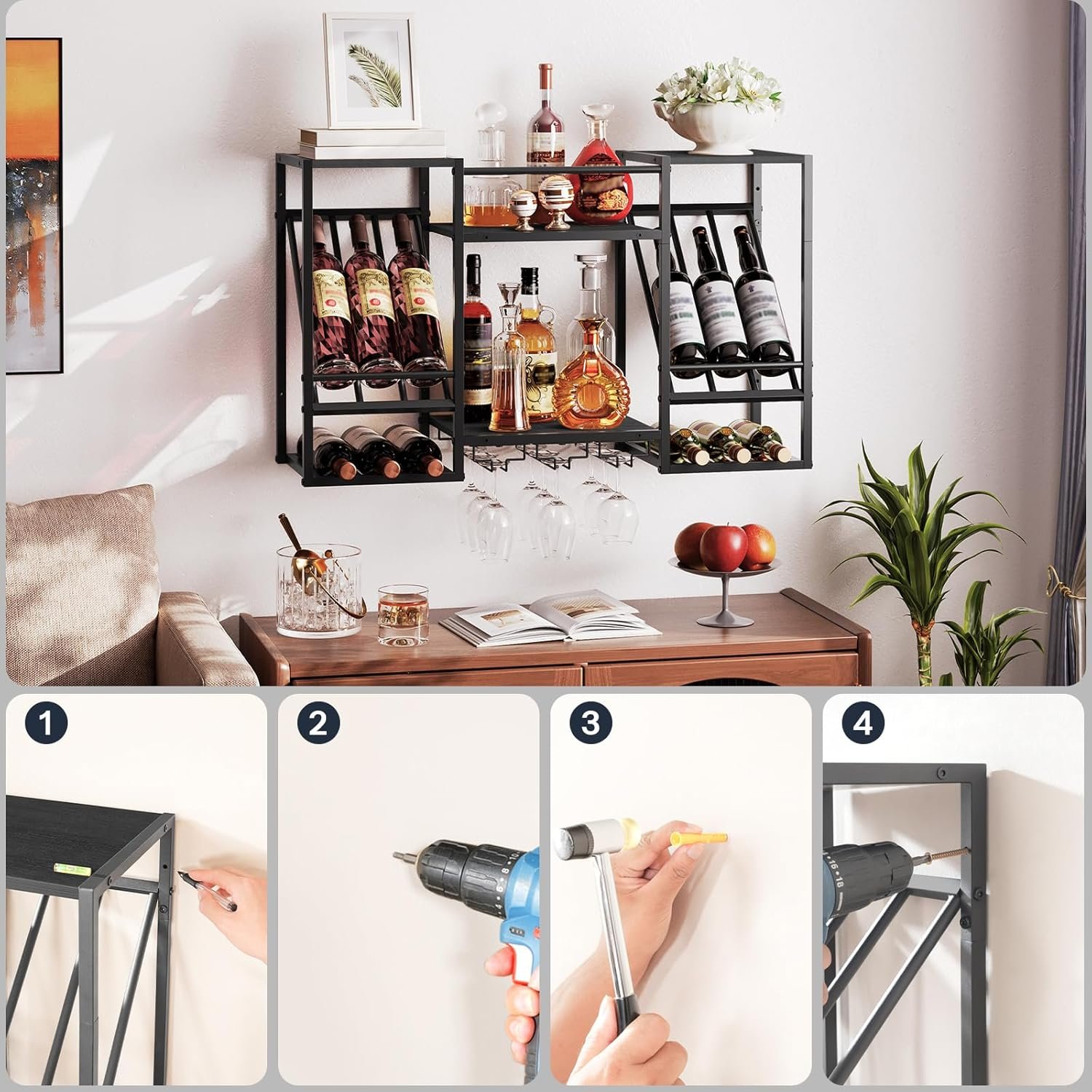 HOOBRO Wall Mounted Wine Rack, 3-Tier Floating Shelf with Glass and Bottle Holders Display Storage, for Dining Room, Kitchen, Living Room, Black BB23BJ01 - Image 7