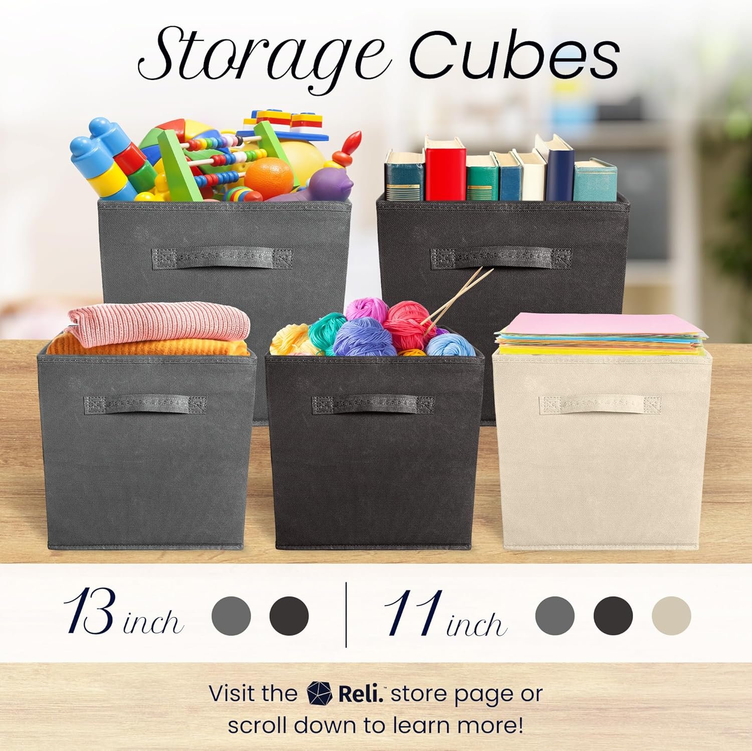 Reli. 11 Inch Cube Storage Bins (8 Pack) | Cube Organizer Bins | 11x11 Fabric Storage Boxes | Collapsible, Foldable Fabric Cubby Box (Square) | Kids Room Organization (Black) - Image 8