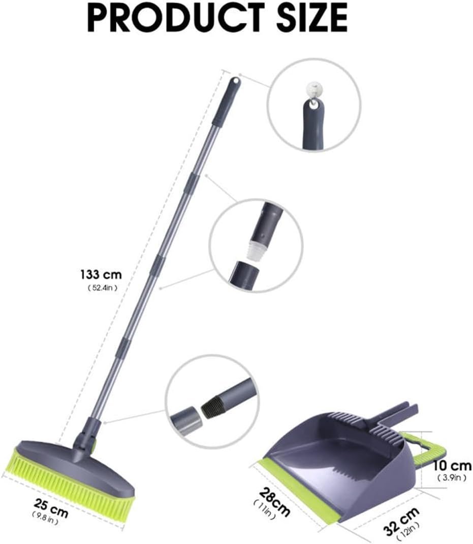 Adjustable Rubber Push Broom and Dustpan Set,Self Cleaning Indoor Outdoor Angle Brooms with Dust pan for Home,Long Handle for Floor Sweeping, Kids,Carpet Dog Cat Pets Offices Use - Image 2