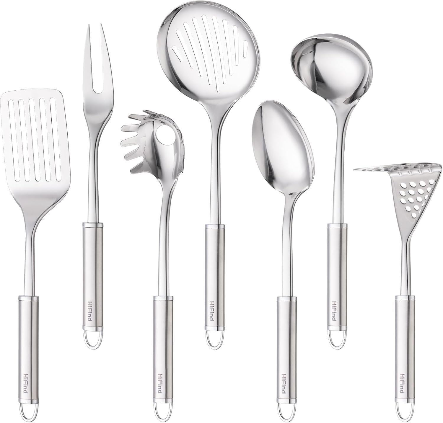 Stainless Steel Cooking Utensils 7PCS Kitchen Utensils Set, Heat Resistant Handle Utensils Set Included Ladle, Meat Fork, Slotted Spatula, Pasta Fork, Masher, Solid Spoon, Skimmer Spoon - Image 9