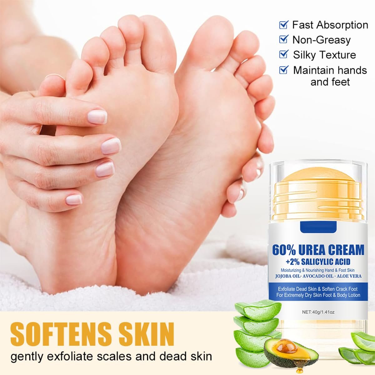 2Pcs Urea 60% Moisturizer and Anti-Cracking Foot Cream,Intensive Repair Dry Cracked Skin,Urea Heel Stick Balm,Hands,Heels,Elbow and Knees,Softens Hydrating Nourish Foot Care for Women and Men - Image 7