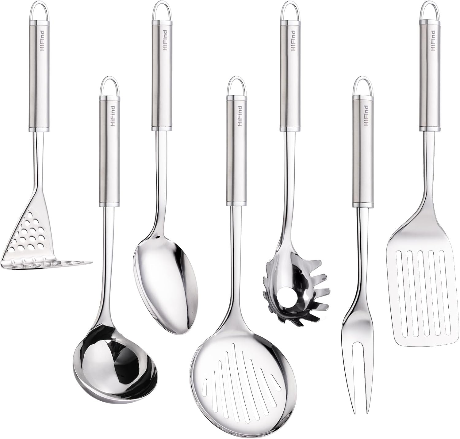 Stainless Steel Cooking Utensils 7PCS Kitchen Utensils Set, Heat Resistant Handle Utensils Set Included Ladle, Meat Fork, Slotted Spatula, Pasta Fork, Masher, Solid Spoon, Skimmer Spoon - Image 2