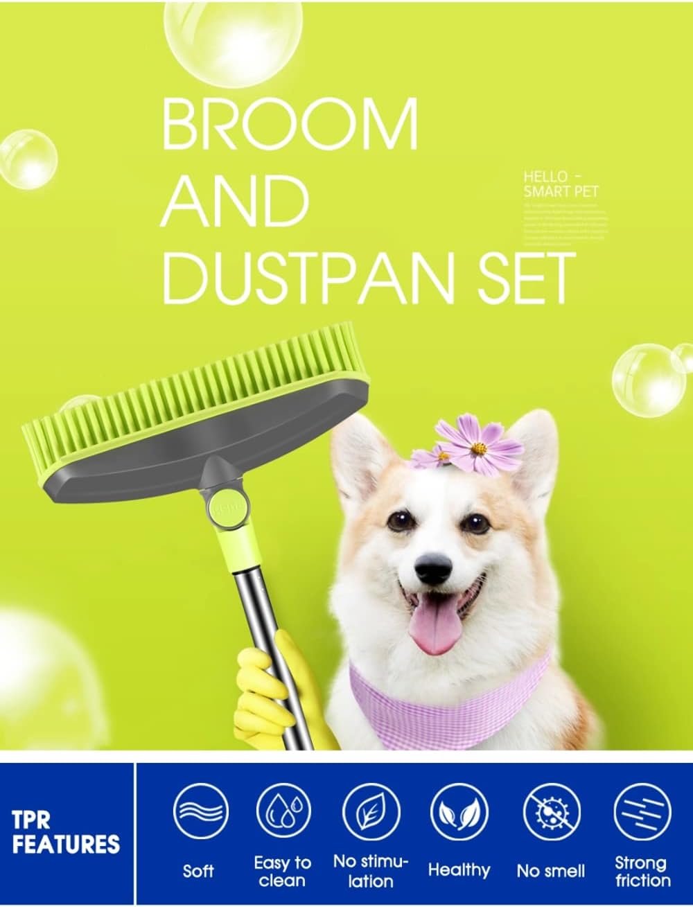 Adjustable Rubber Push Broom and Dustpan Set,Self Cleaning Indoor Outdoor Angle Brooms with Dust pan for Home,Long Handle for Floor Sweeping, Kids,Carpet Dog Cat Pets Offices Use - Image 4