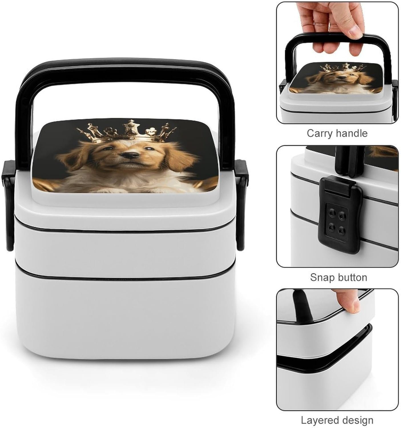 Puppy with A Crown Bento Box with Spoon, 2-layer Stackable Lunch Box Leak Proof with Invisible Handle, Insulated Food Storage for Office, Picnic & Travel - Image 6