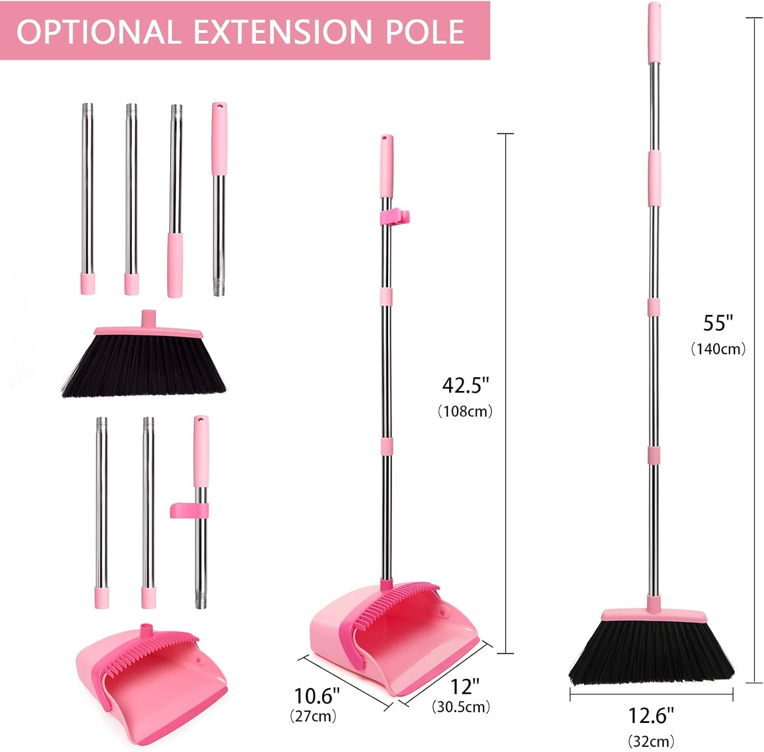 Broom and Dustpan Set, Dustpans with Broom Combo for Home, Heavy Dust Broom and Dustpan Combo, Long Handle Dust Pan and Broom Set for Kitchen, Office, Pet Hair,Pink, Pack of 1 - Image 6