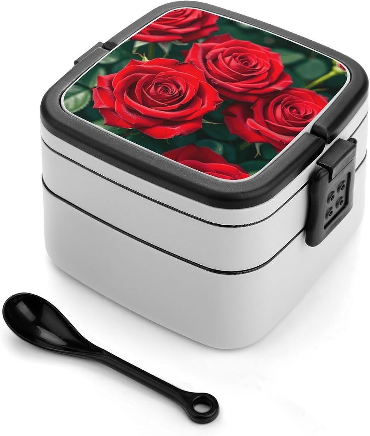 Many Red Rose Bento Box with Spoon, 2-layer Stackable Lunch Box Leak Proof with Invisible Handle, Insulated Food Storage for Office, Picnic & Travel - Image 2