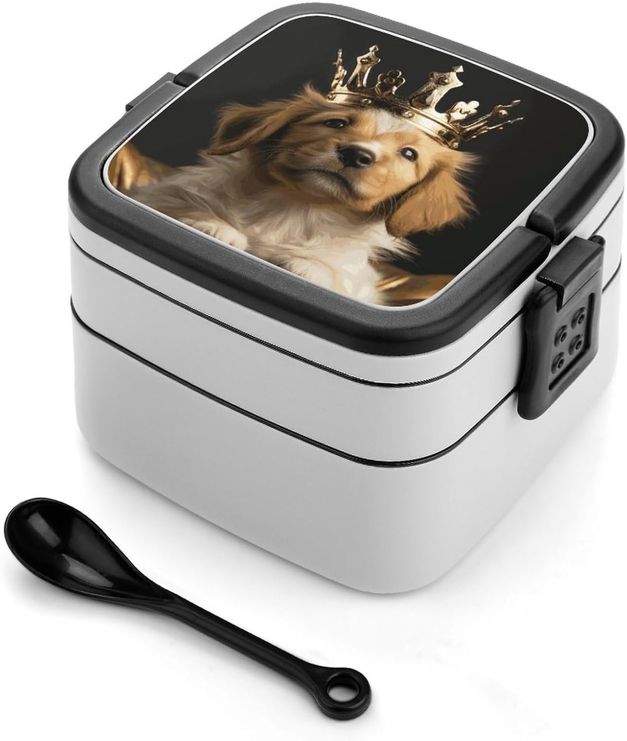 Puppy with A Crown Bento Box with Spoon, 2-layer Stackable Lunch Box Leak Proof with Invisible Handle, Insulated Food Storage for Office, Picnic & Travel - Image 2