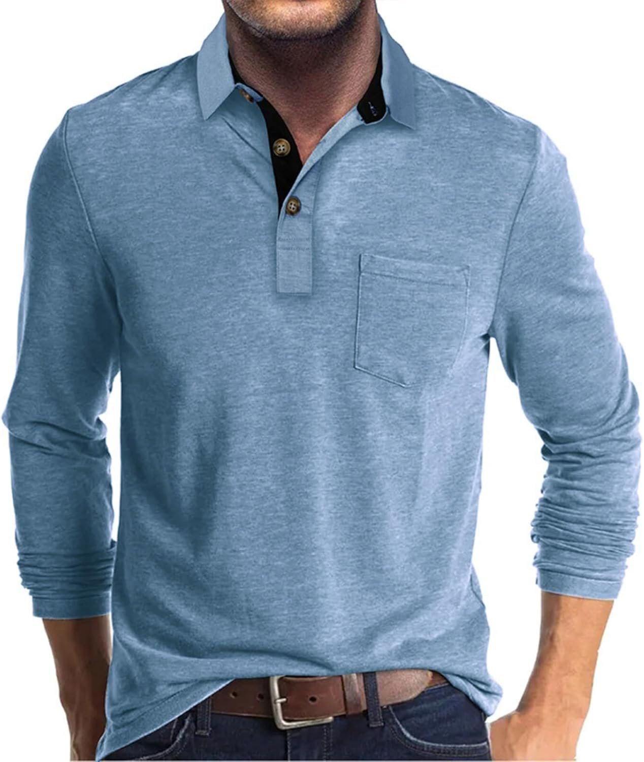 Men's Casual Long Sleeve Polo Shirts Button Classic Cotton Shirt Work Collared Stylish Golf Shirt with Pocket - Image 2