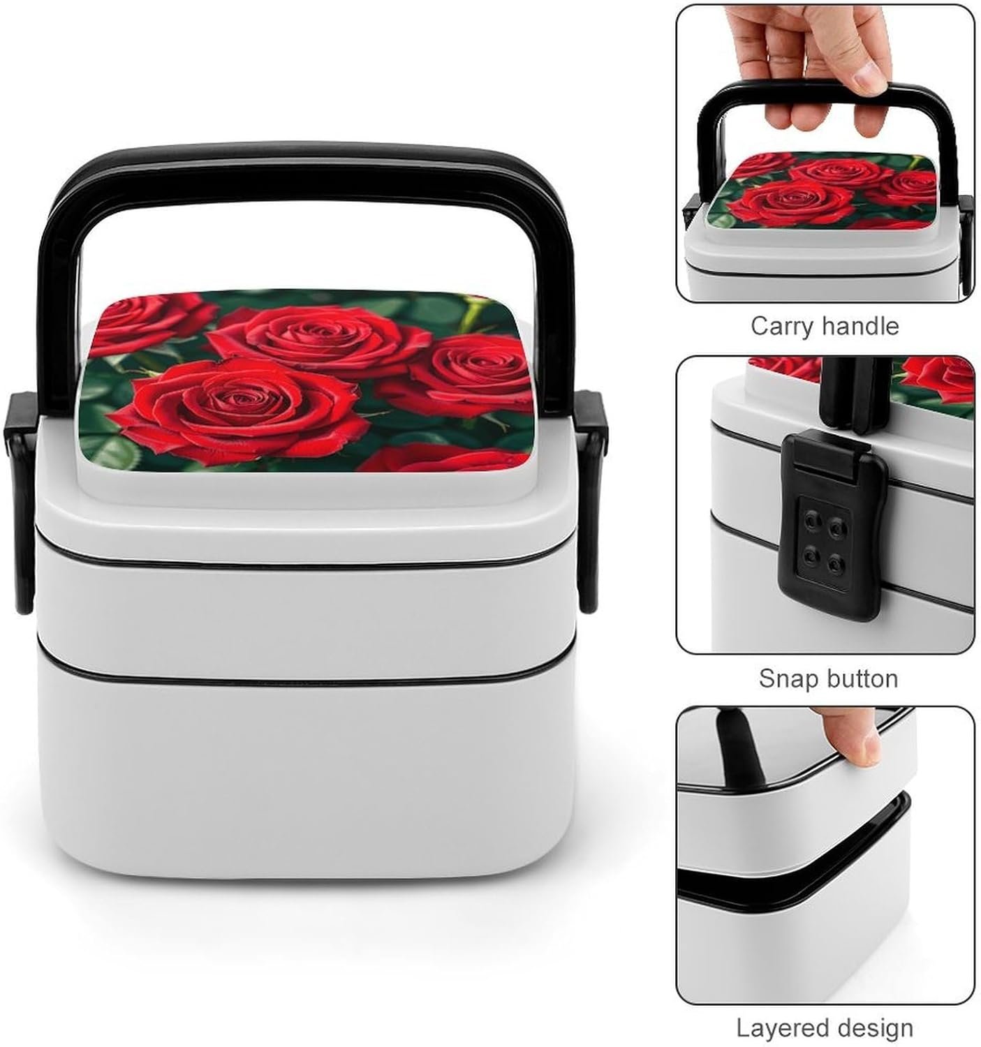 Many Red Rose Bento Box with Spoon, 2-layer Stackable Lunch Box Leak Proof with Invisible Handle, Insulated Food Storage for Office, Picnic & Travel - Image 6