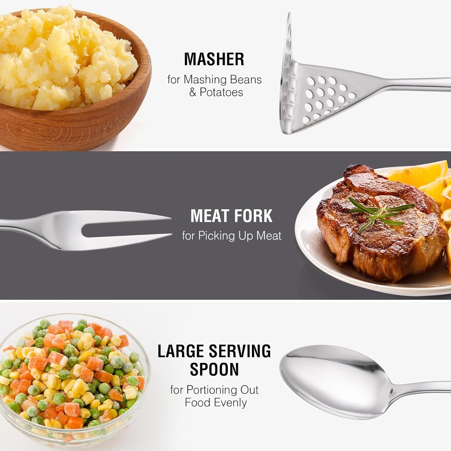 Stainless Steel Cooking Utensils 7PCS Kitchen Utensils Set, Heat Resistant Handle Utensils Set Included Ladle, Meat Fork, Slotted Spatula, Pasta Fork, Masher, Solid Spoon, Skimmer Spoon - Image 7