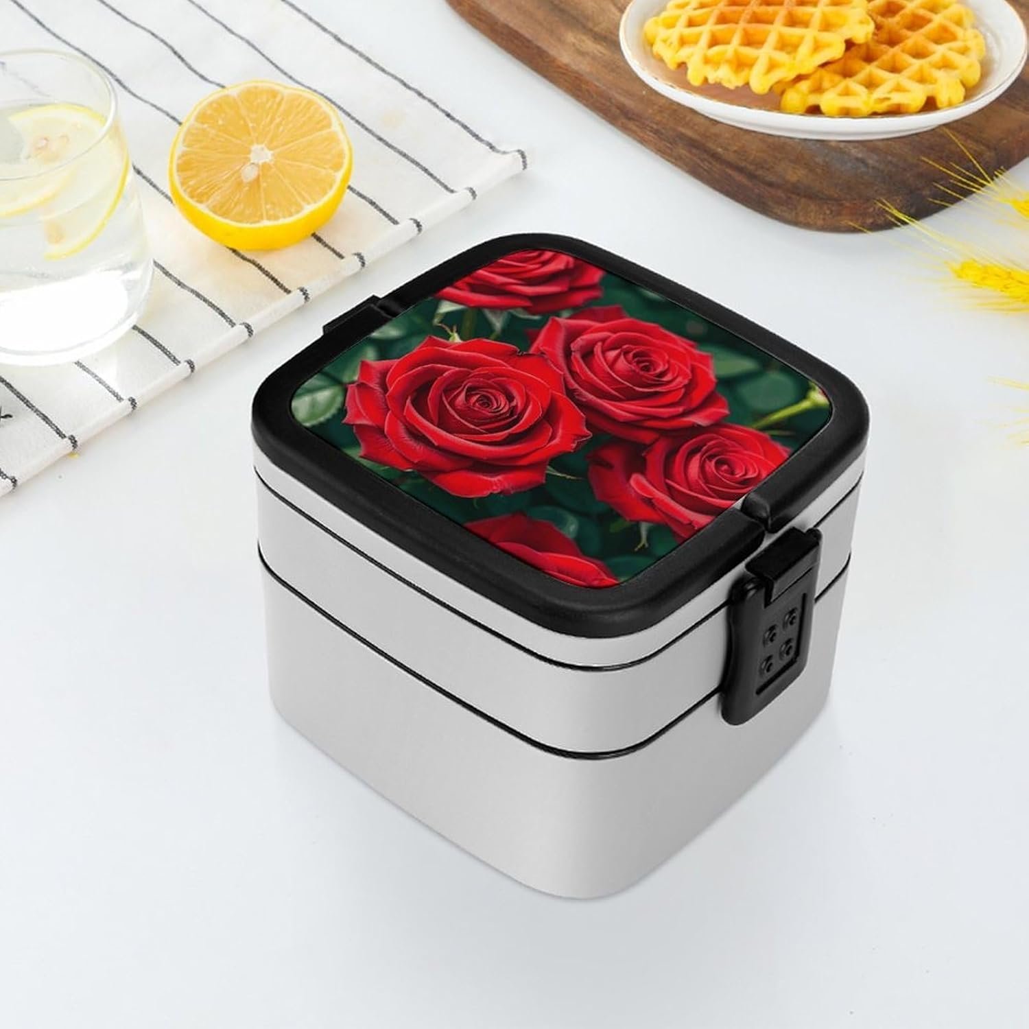 Many Red Rose Bento Box with Spoon, 2-layer Stackable Lunch Box Leak Proof with Invisible Handle, Insulated Food Storage for Office, Picnic & Travel - Image 7
