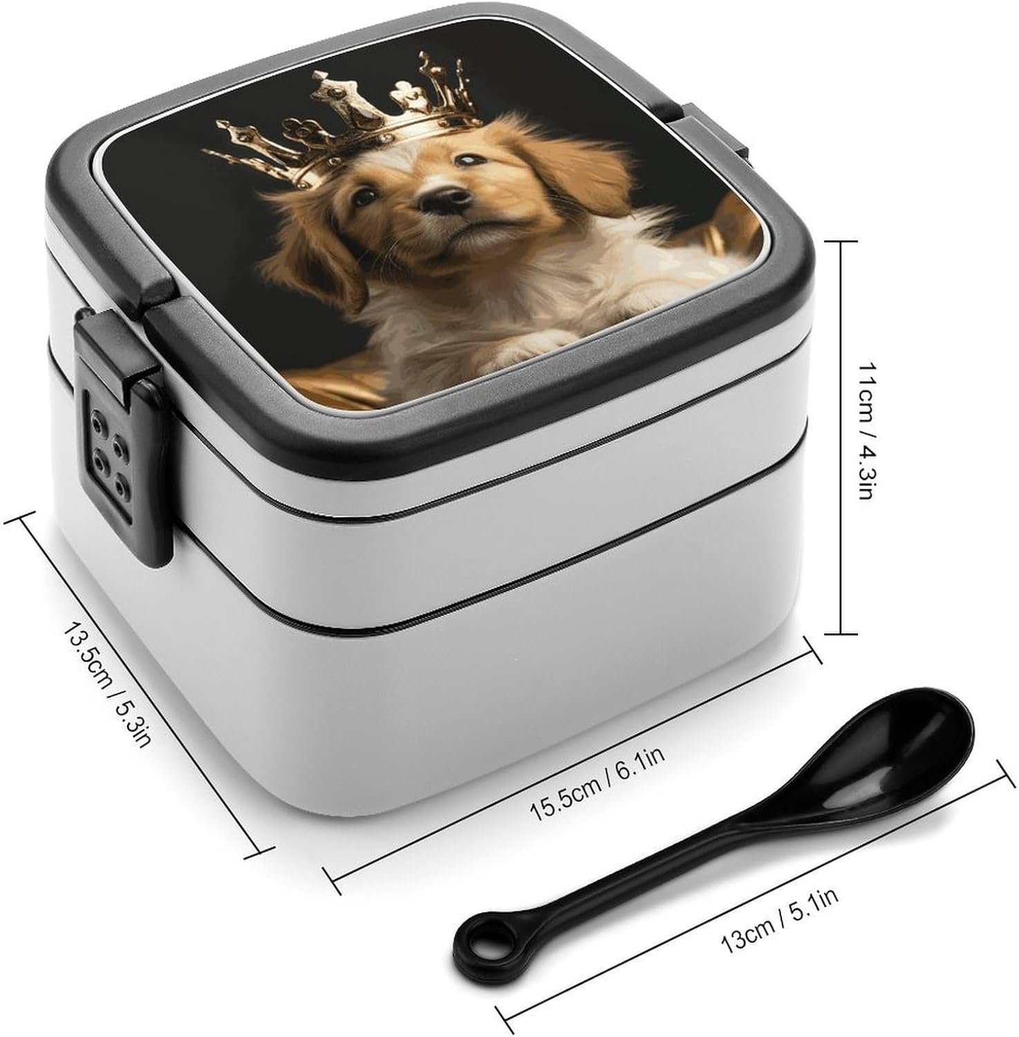 Puppy with A Crown Bento Box with Spoon, 2-layer Stackable Lunch Box Leak Proof with Invisible Handle, Insulated Food Storage for Office, Picnic & Travel - Image 3
