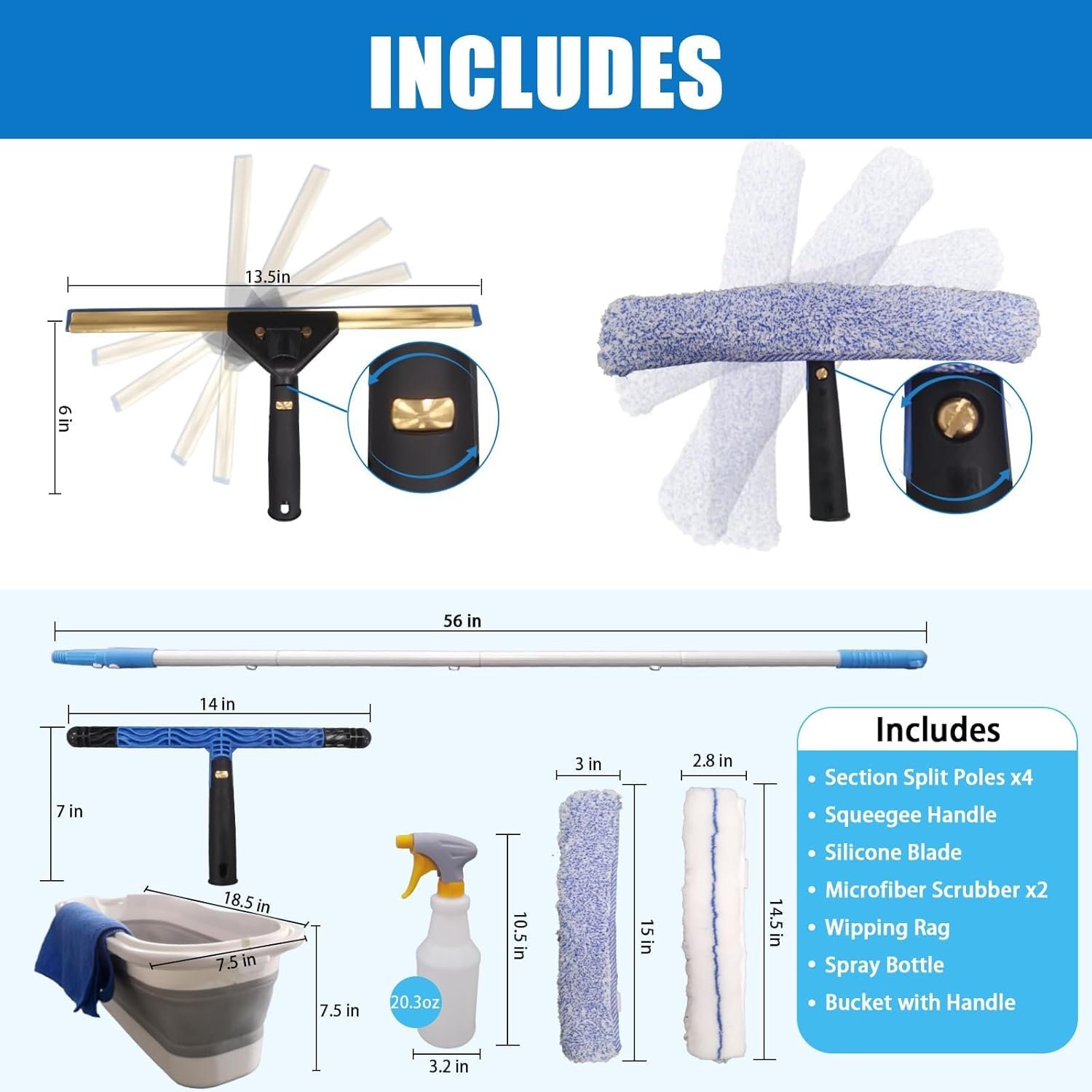 Pro Window Cleaning Kit with Storage Bucket, with 4 13 inch Extension Rods, Scrubber, Spray Bottle, Rag and Scraper with Rotating Head - Car/Home Glass Cleaning System - Image 3