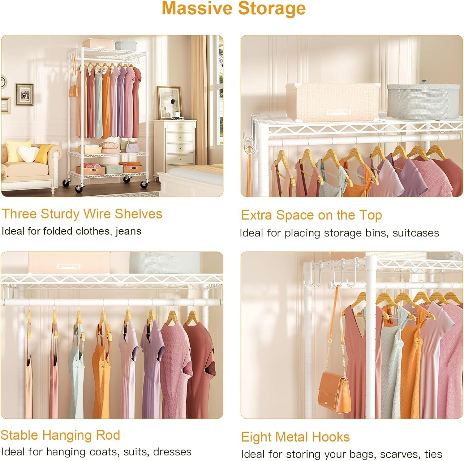 P6 Rolling Clothes Rack Heavy Duty, Clothing Racks for Hanging Clothes, Freestanding Garment Rack with Wheels, Portable Closet Rack Max Load 380 LBS, 35.5'' W x 14'' D x 74.6'' H, White - Image 8