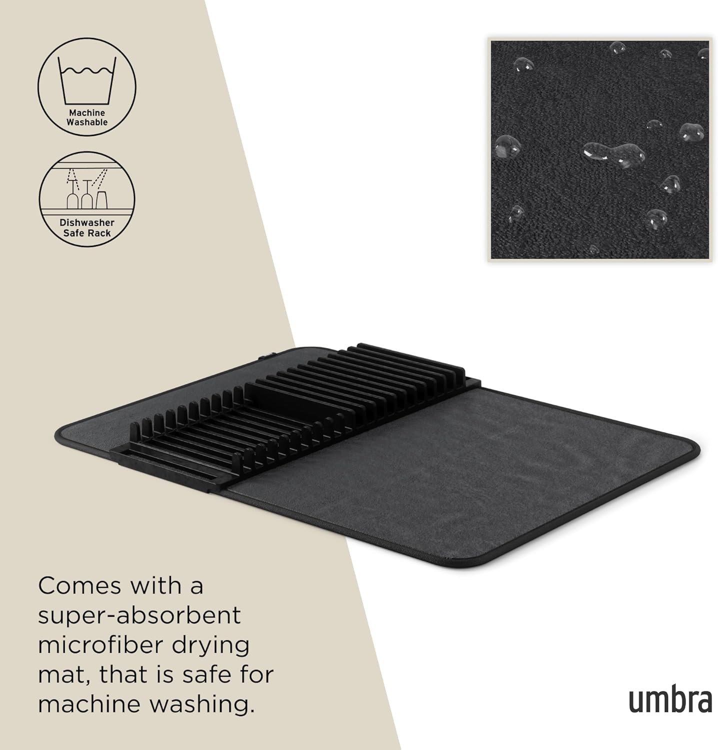 Umbra Udry Dish Rack and Microfiber Drying Mat – Space-Saving Design Folds Up for Easy Storage, Basic Rack, Black - Image 6