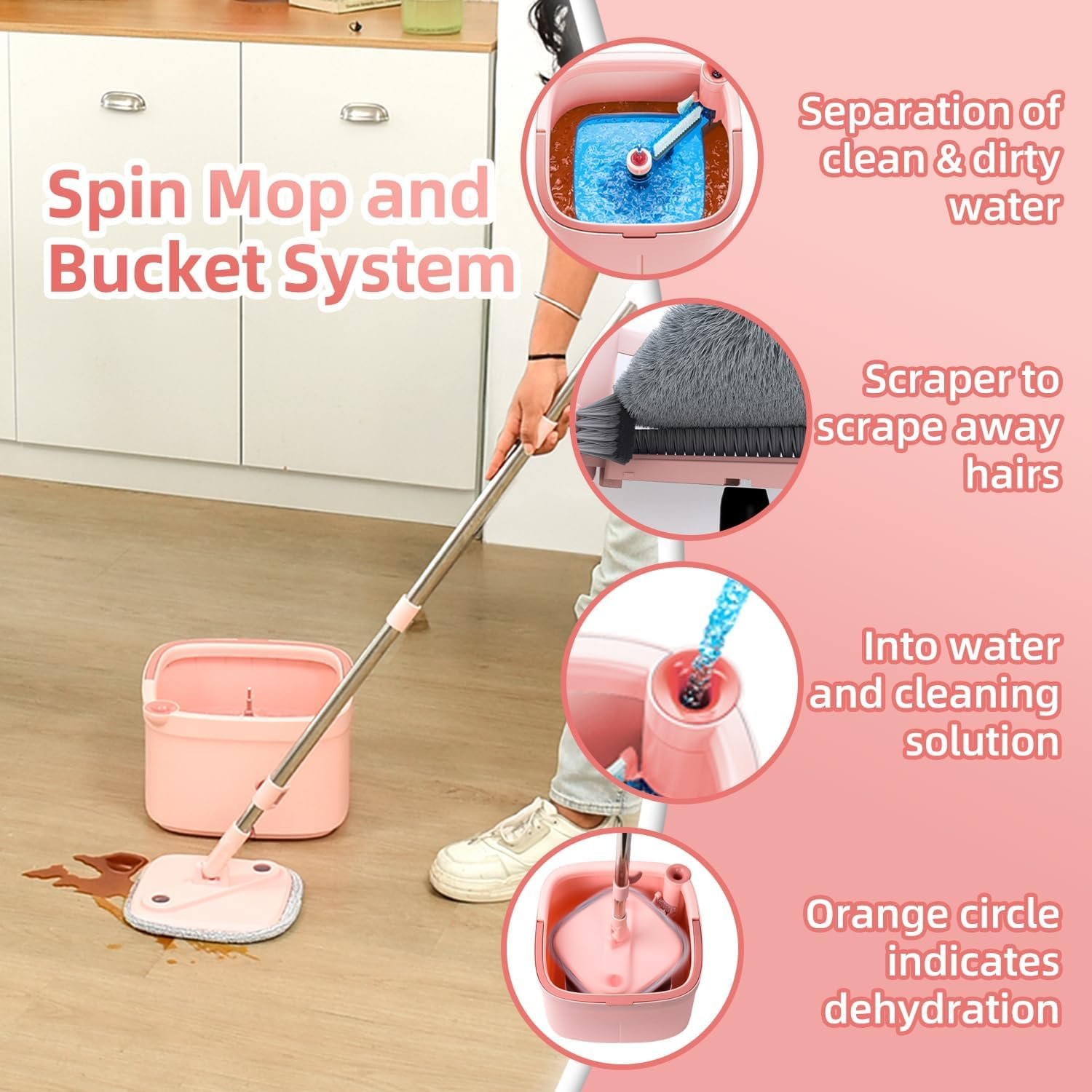 KZKR Square Spin Mop and Bucket Set with Self Separation Dirty and Clean Water System, Self Wringing 360° Rotating Mops Head with 10 Replaceable Microfiber Pads for Home Floors Cleaning - Image 4