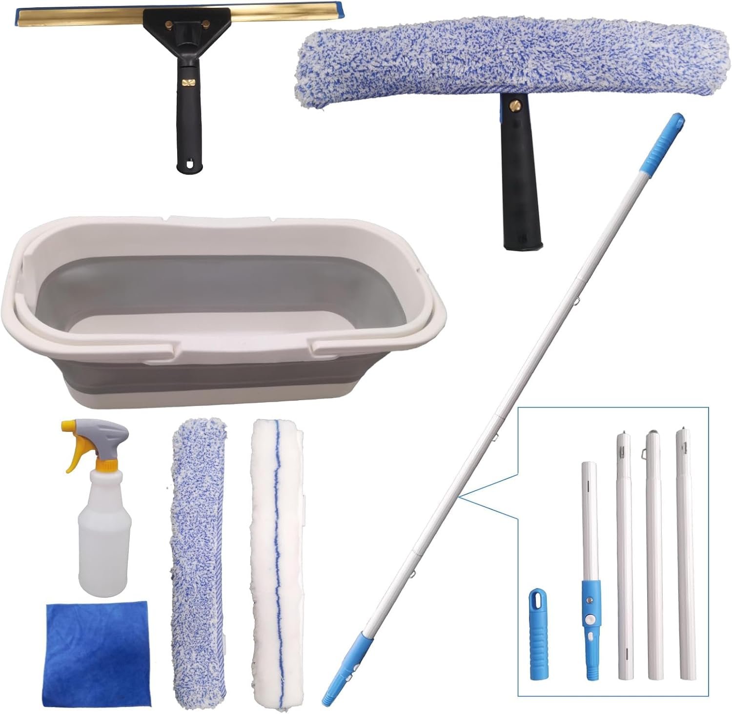 Pro Window Cleaning Kit with Storage Bucket, with 4 13 inch Extension Rods, Scrubber, Spray Bottle, Rag and Scraper with Rotating Head - Car/Home Glass Cleaning System - Image 2