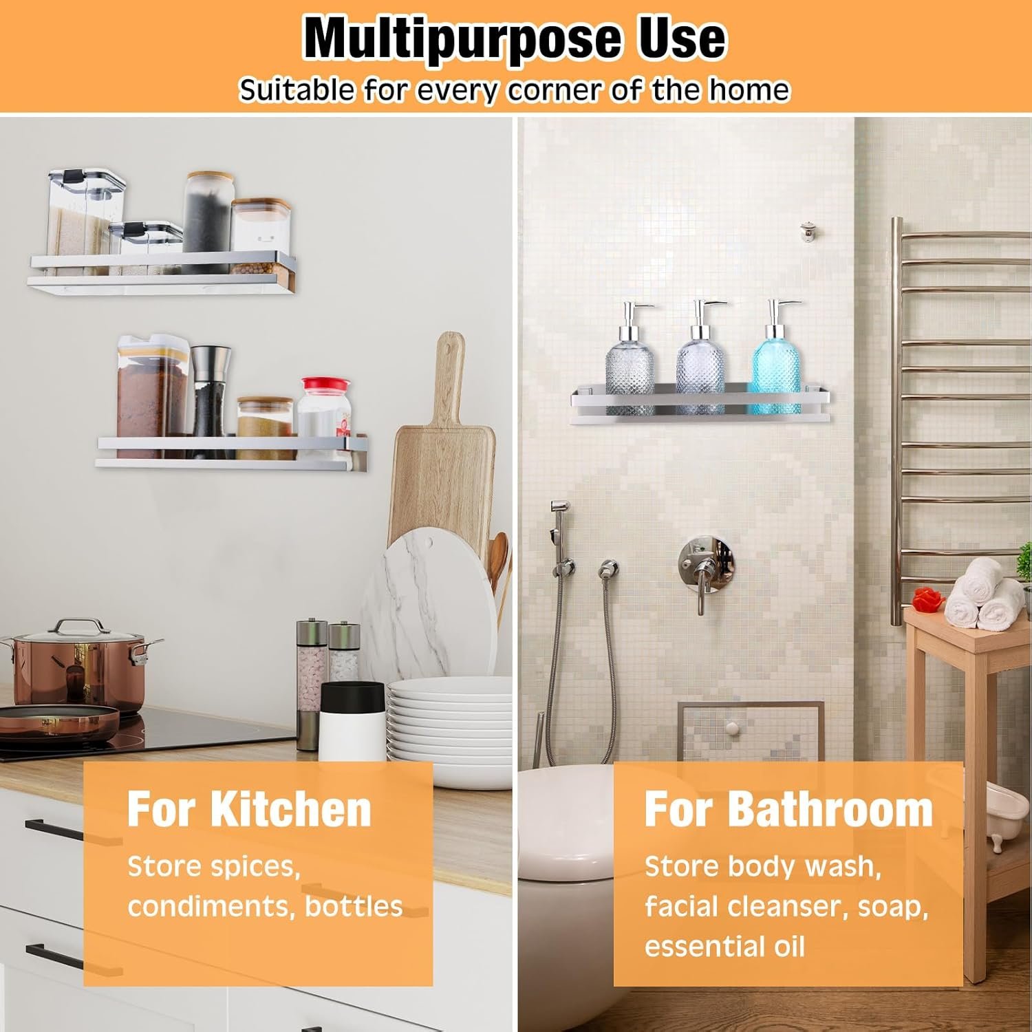 Lallisa 4 Pieces Stainless Steel Shelf Bathroom Shower Floating Shelves Wall Mounted Shower Caddy Basket Shelf Storage Organizer Shelves for Bathroom, Kitchen, Living Room, Silver, 15.75 Inch - Image 6