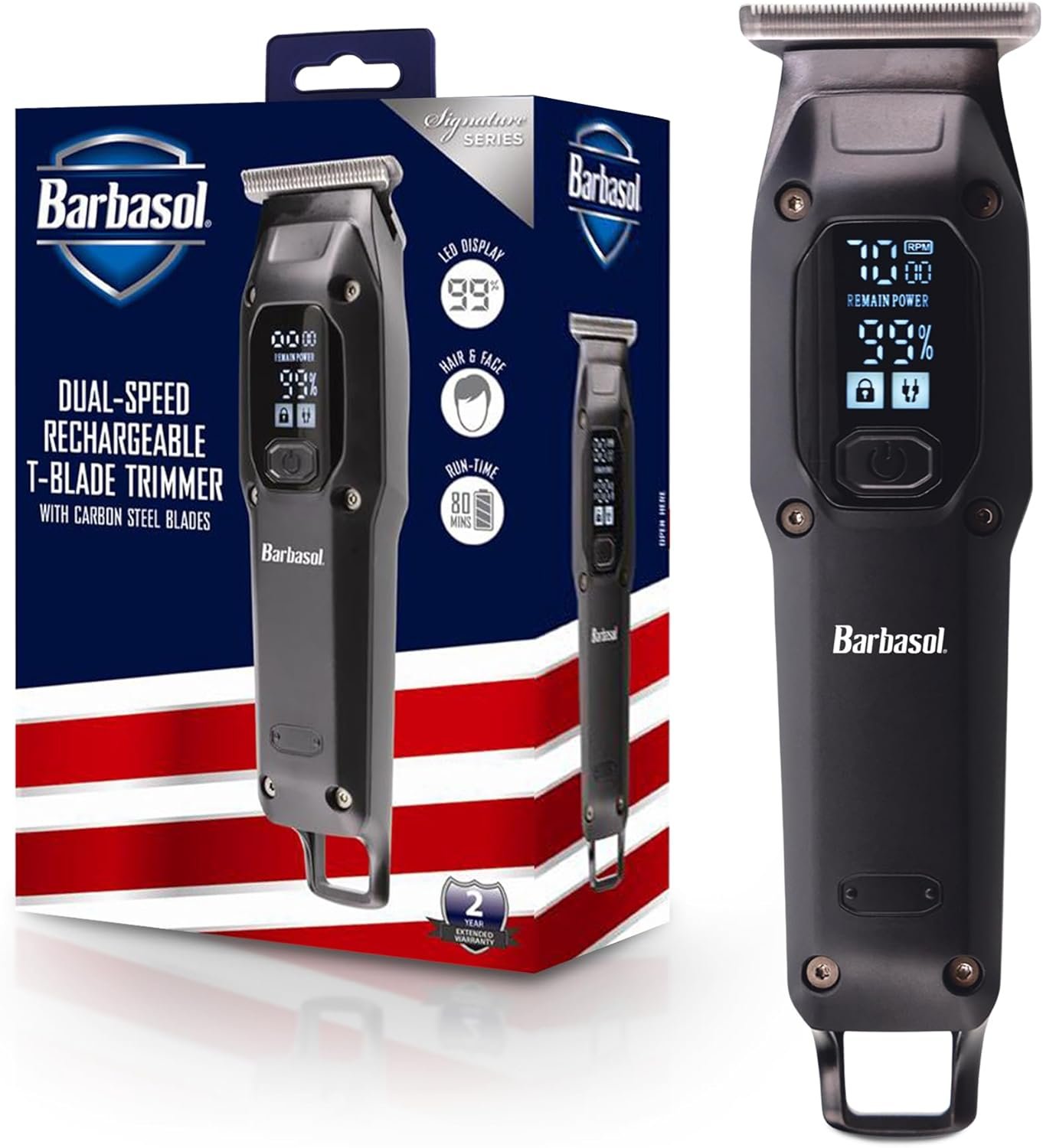 Barbasol T-Blade Trimmer, Rechargeable Hair and Beard Trimmer for Men, Dual Speed Hair Trimmer with 6 Clipper Guide Combs, LED Display, Clipper Oil, Brush, & Travel Bag - Image 2