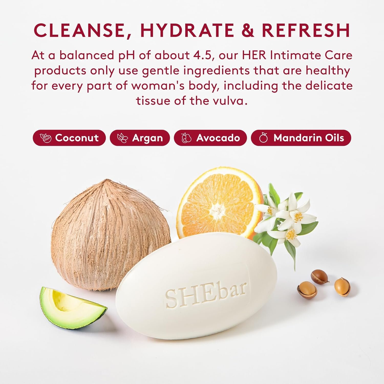 SHEbar, Feminine Cleansing Bar, Yoni Bar, pH-Balanced Formula, Clean & Gentle Ingredients, Velvety Texture, Light Mandarin Scent, Rich in Essential Oils (3.2oz) - Image 4