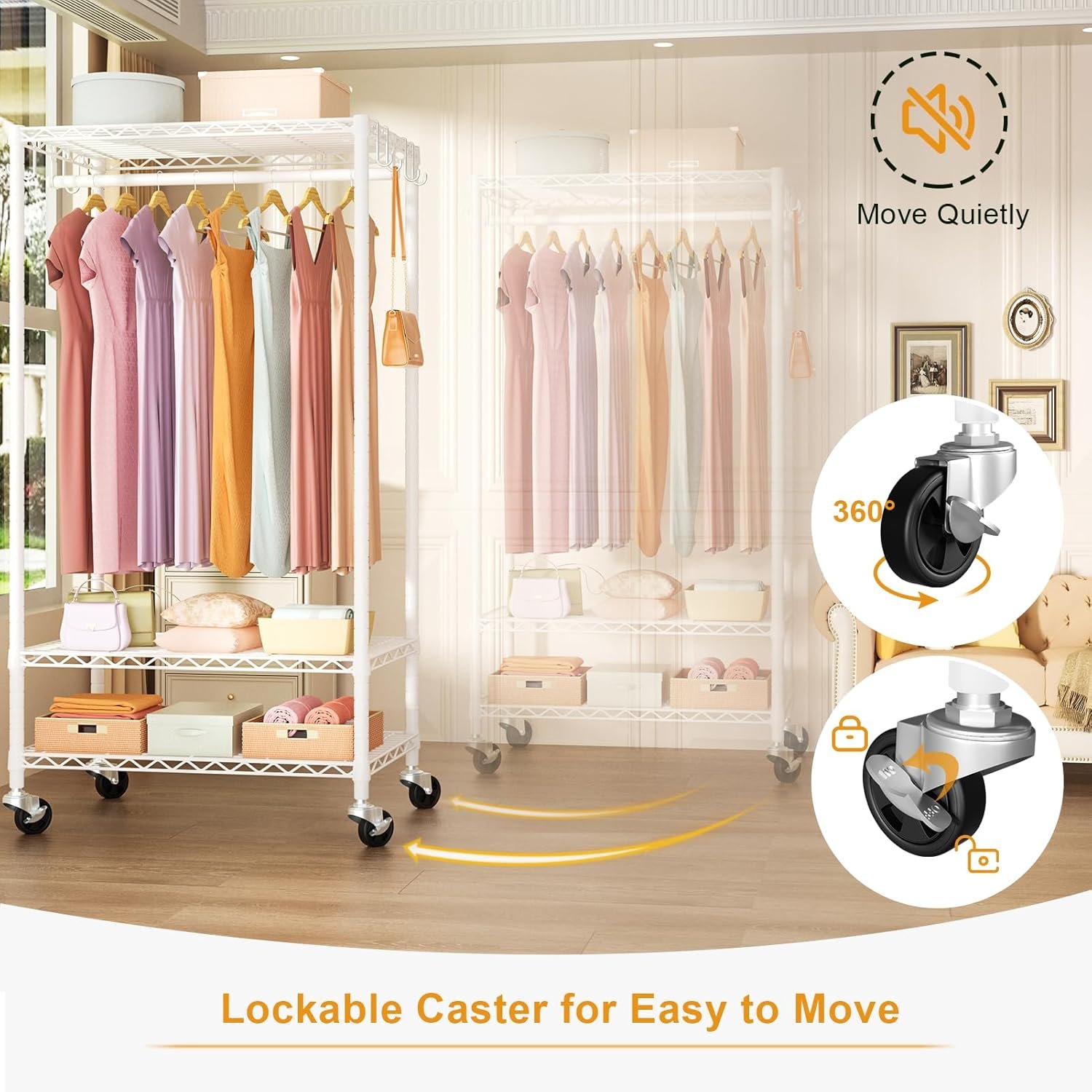 P6 Rolling Clothes Rack Heavy Duty, Clothing Racks for Hanging Clothes, Freestanding Garment Rack with Wheels, Portable Closet Rack Max Load 380 LBS, 35.5'' W x 14'' D x 74.6'' H, White - Image 6