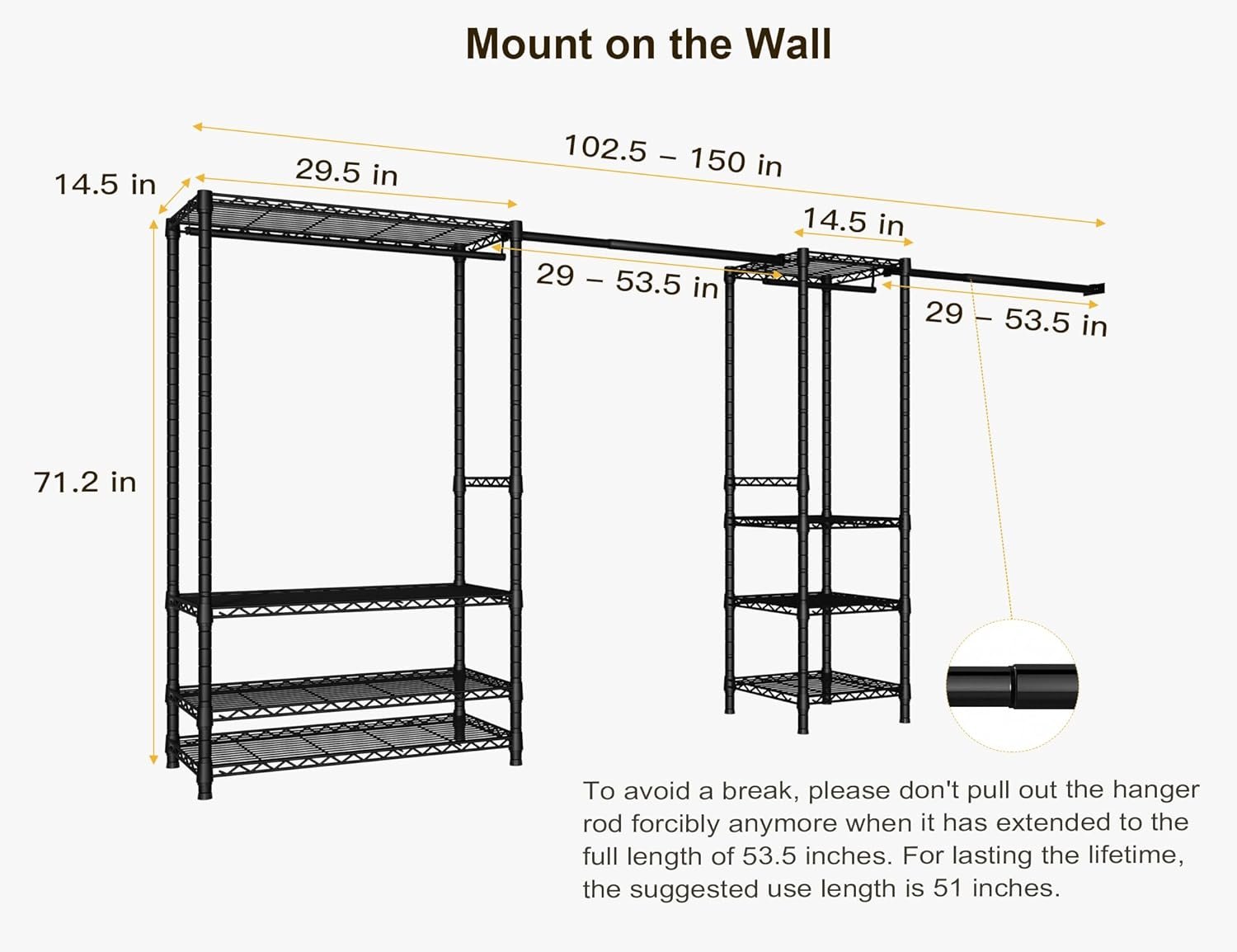 Ulif E11 Heavy-Duty Garment Rack, Metal Freestanding Clothes Rack and Closet Storage Organizer System with 8 Shelves and 4 Hanger Rods, (73.2 - 97.6)"W x 14.5"D x 71.2"H, Load 1034 LBS, Black - Image 9