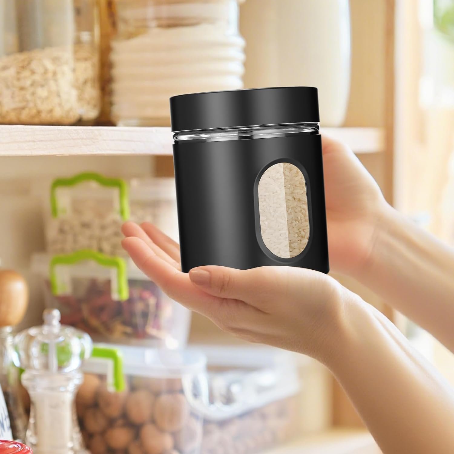 Patelai 6 Pack Kitchen Canisters Set 20 oz Airtight Stainless Steel Canister Food Storage Container with Window Glass, Coffee Sugar Candy Jars Tea Organizer for Flour Cookies Spice Kitchen (Black) - Image 6