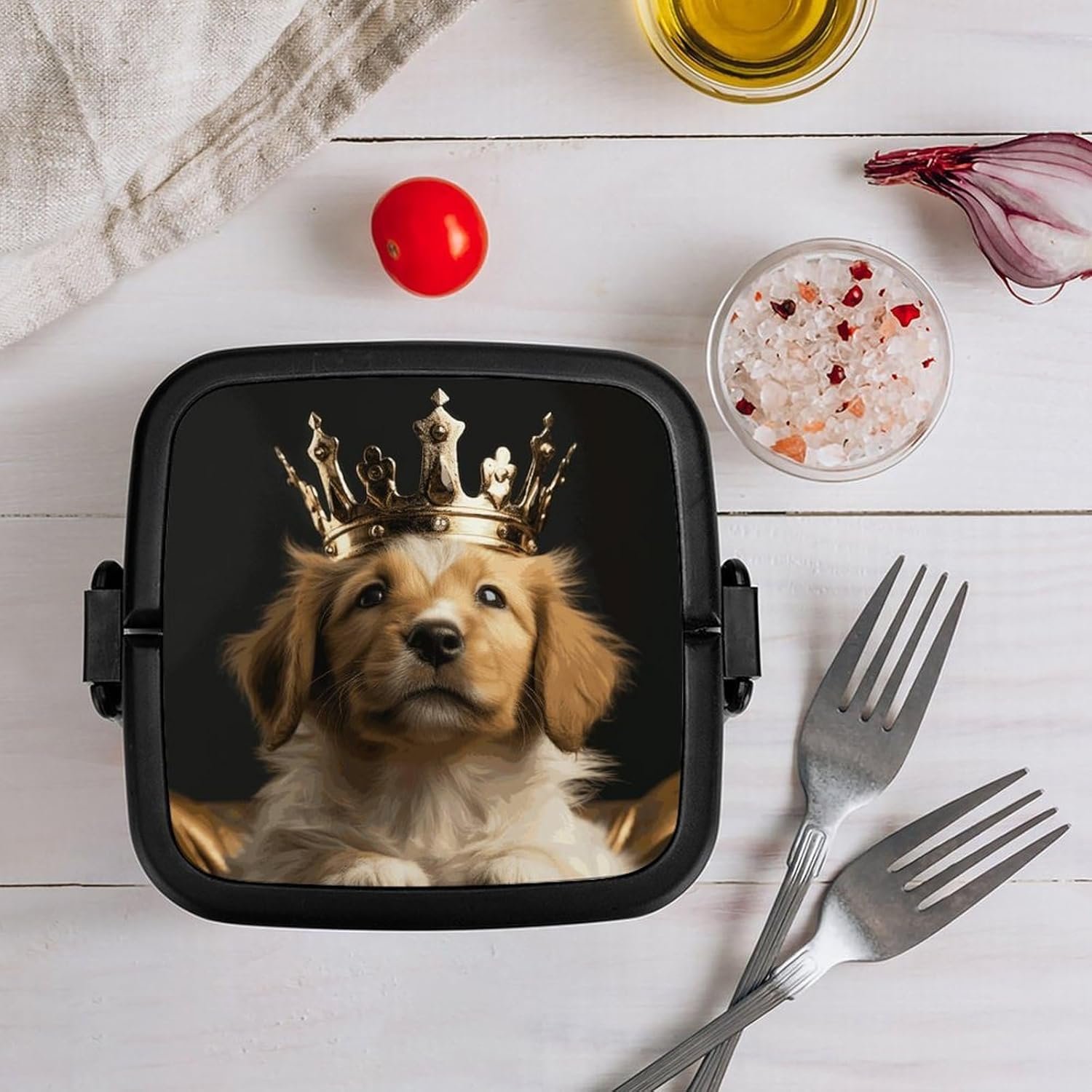 Puppy with A Crown Bento Box with Spoon, 2-layer Stackable Lunch Box Leak Proof with Invisible Handle, Insulated Food Storage for Office, Picnic & Travel - Image 9