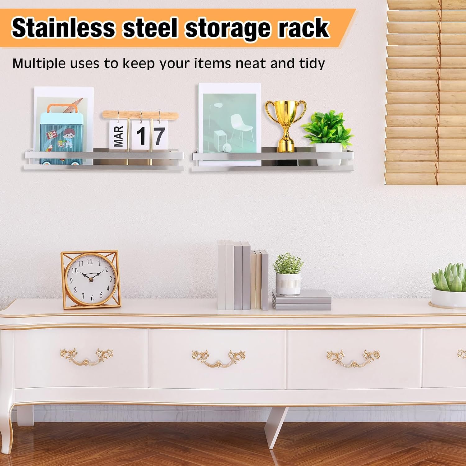 Lallisa 4 Pieces Stainless Steel Shelf Bathroom Shower Floating Shelves Wall Mounted Shower Caddy Basket Shelf Storage Organizer Shelves for Bathroom, Kitchen, Living Room, Silver, 15.75 Inch - Image 7