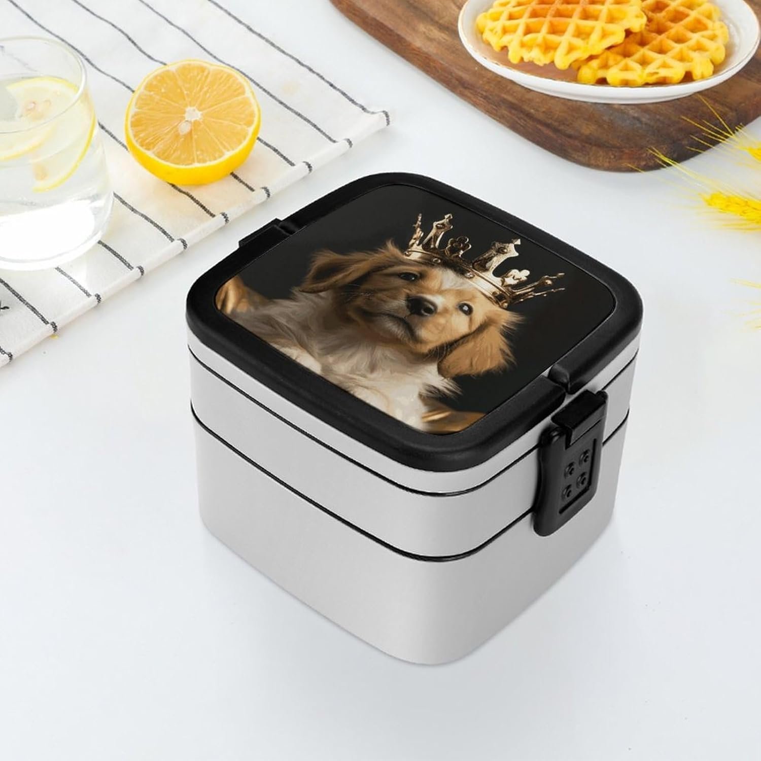 Puppy with A Crown Bento Box with Spoon, 2-layer Stackable Lunch Box Leak Proof with Invisible Handle, Insulated Food Storage for Office, Picnic & Travel - Image 7