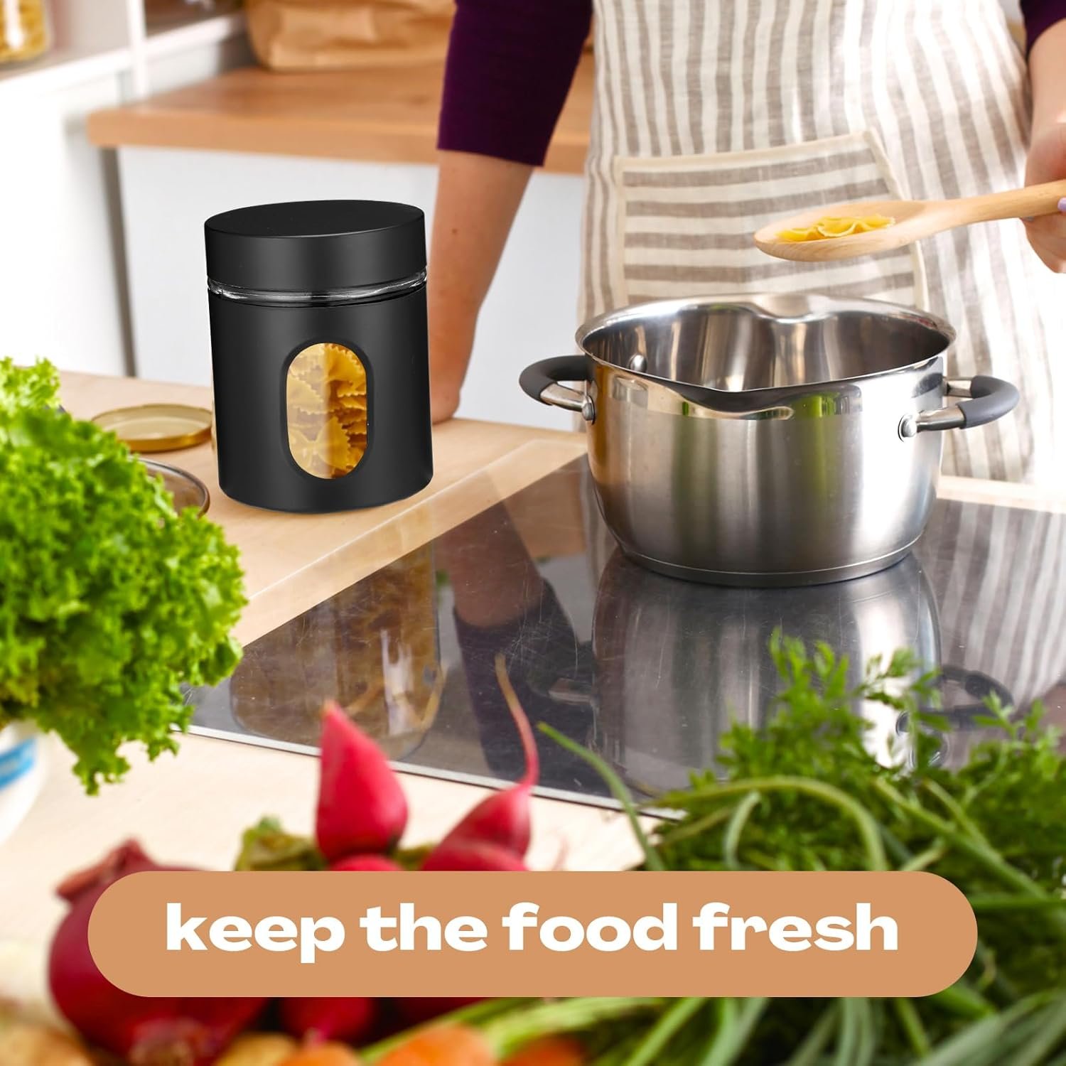 Patelai 6 Pack Kitchen Canisters Set 20 oz Airtight Stainless Steel Canister Food Storage Container with Window Glass, Coffee Sugar Candy Jars Tea Organizer for Flour Cookies Spice Kitchen (Black) - Image 5