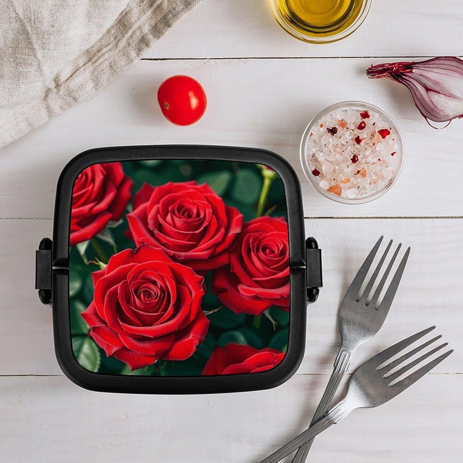 Many Red Rose Bento Box with Spoon, 2-layer Stackable Lunch Box Leak Proof with Invisible Handle, Insulated Food Storage for Office, Picnic & Travel - Image 9