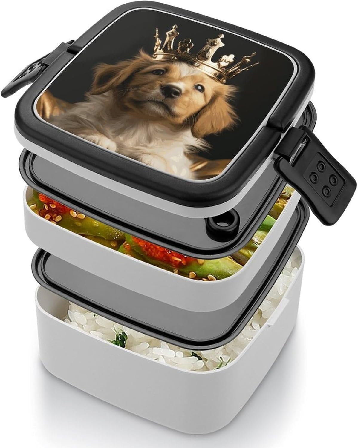 Puppy with A Crown Bento Box with Spoon, 2-layer Stackable Lunch Box Leak Proof with Invisible Handle, Insulated Food Storage for Office, Picnic & Travel - Image 5