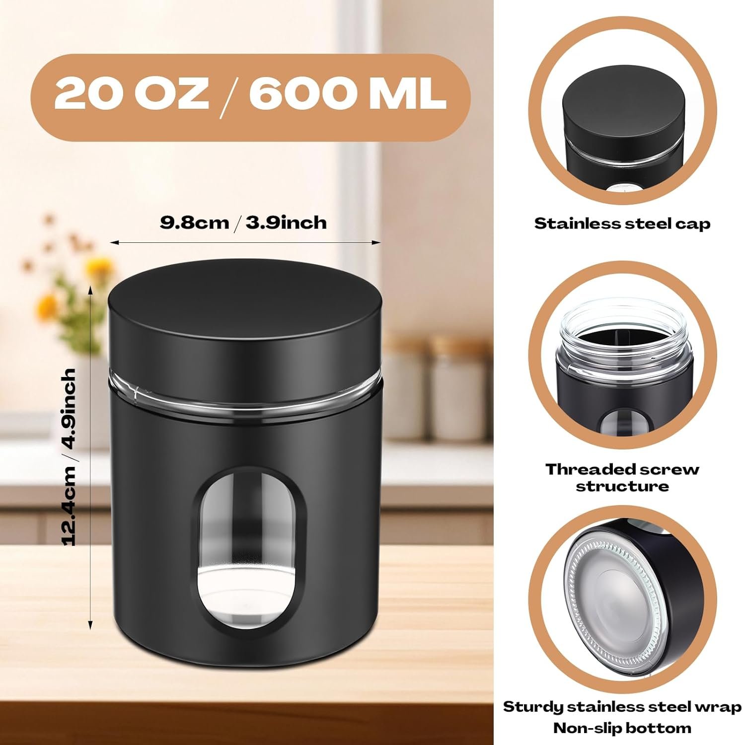 Patelai 6 Pack Kitchen Canisters Set 20 oz Airtight Stainless Steel Canister Food Storage Container with Window Glass, Coffee Sugar Candy Jars Tea Organizer for Flour Cookies Spice Kitchen (Black) - Image 3