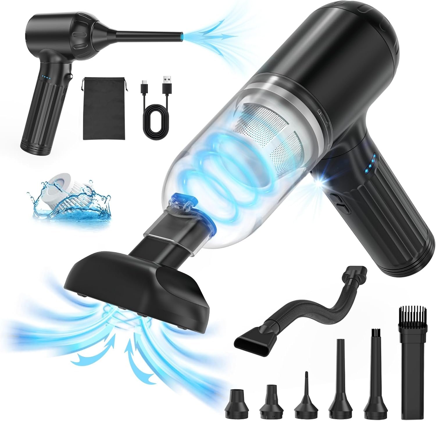 Car Vacuum Cleaner High Power Handheld Vacuum 150W 17000Pa 4-in-1 Mini Vacuum Cleaner Cordless and Air Duster with 180° Adjustable Handle Led Light Portable Vacuum for Car, Home, Deep Black - Image 2
