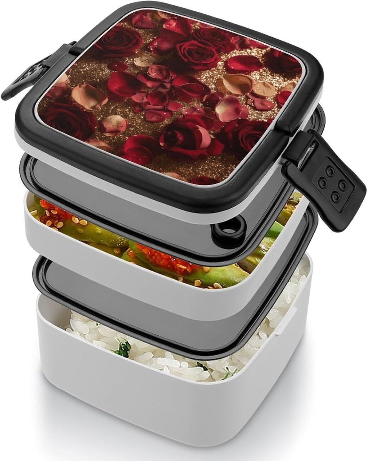 Rose Sparkling Bento Box with Spoon, 2-layer Stackable Lunch Box Leak Proof with Invisible Handle, Insulated Food Storage for Office, Picnic & Travel - Image 5