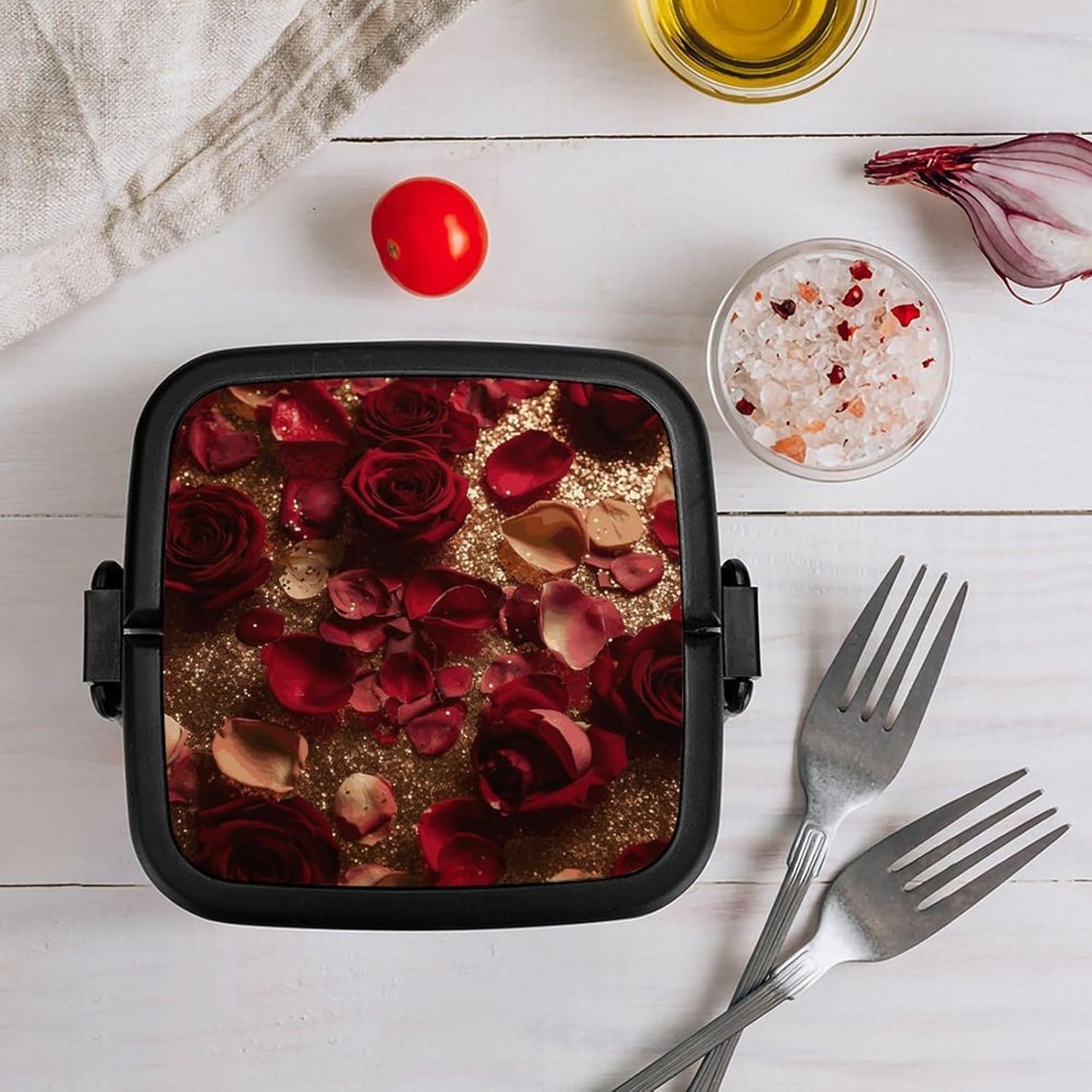 Rose Sparkling Bento Box with Spoon, 2-layer Stackable Lunch Box Leak Proof with Invisible Handle, Insulated Food Storage for Office, Picnic & Travel - Image 9