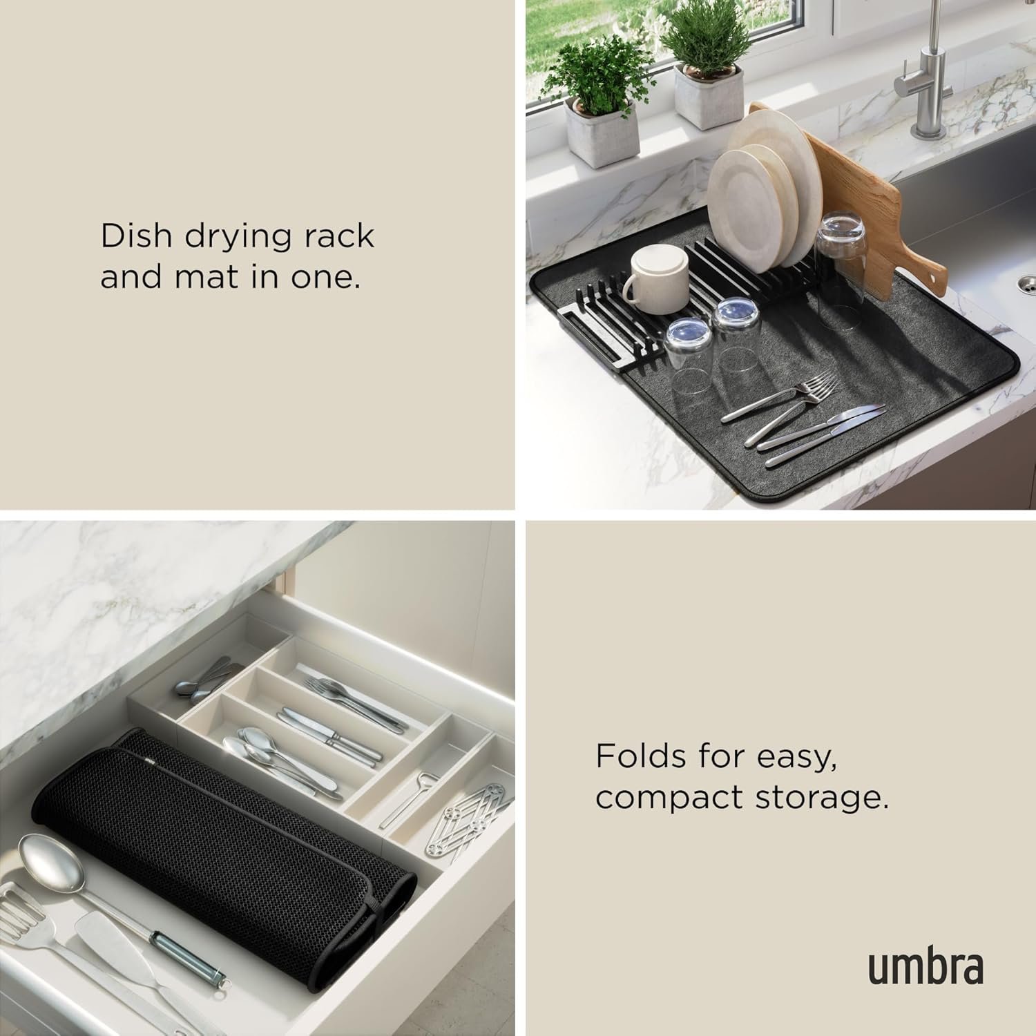 Umbra Udry Dish Rack and Microfiber Drying Mat – Space-Saving Design Folds Up for Easy Storage, Basic Rack, Black - Image 5