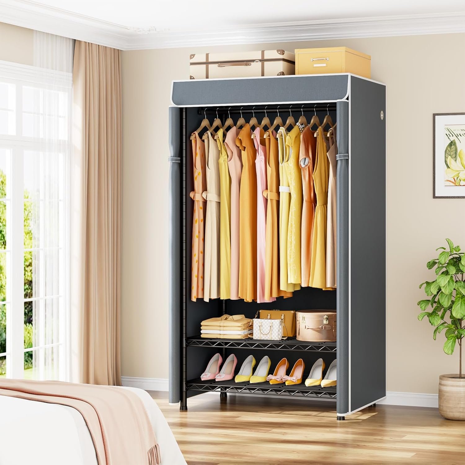 H5C Clothes Rack with Cover, Portable Closet for Hanging Clothes, Covered Clothing Racks Heavy Duty, Freestanding Garment Racks with Shelves, Max Load 360LBS Black Closet Rack with Gray Cover - Image 3