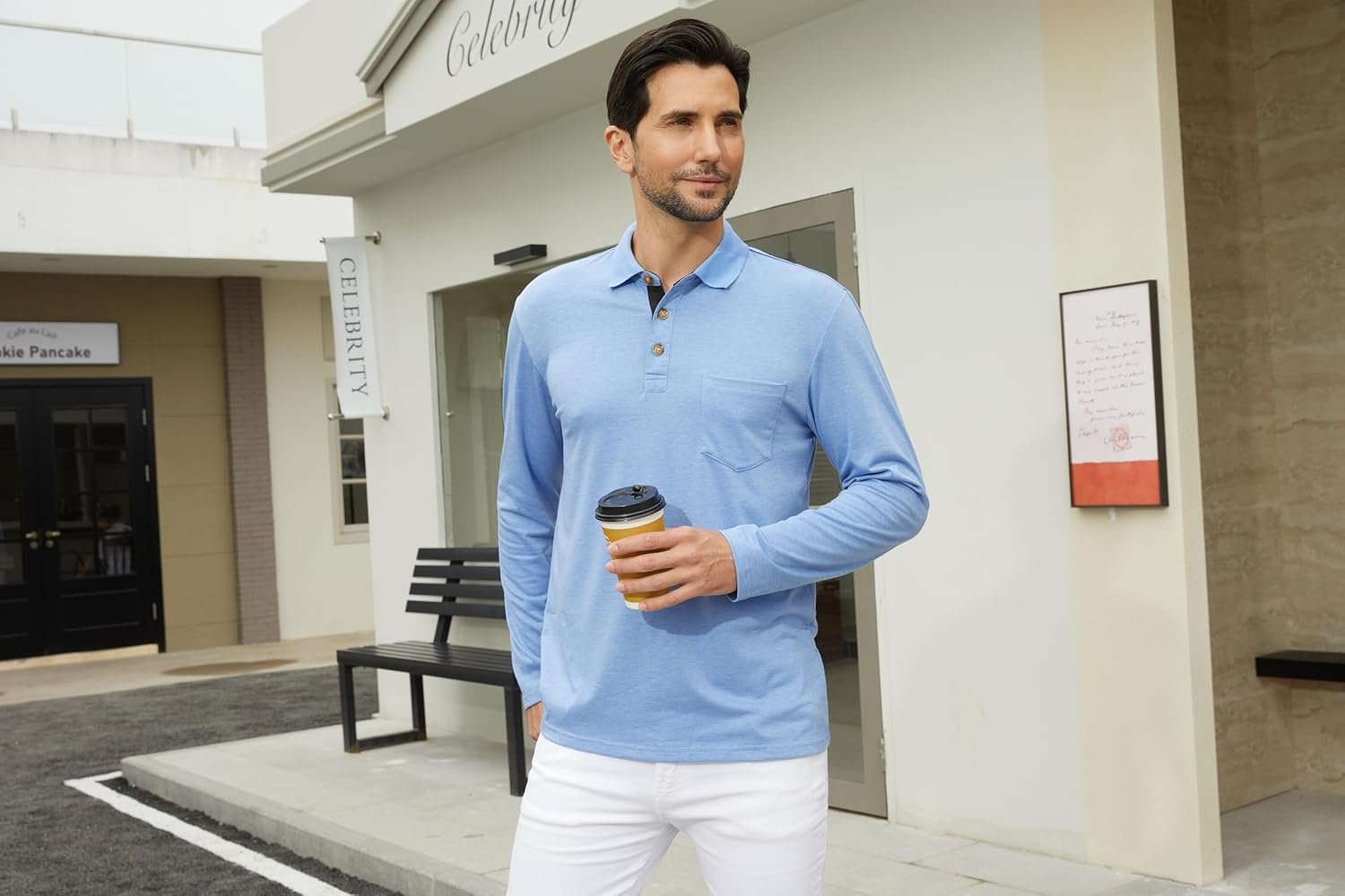 Men's Casual Long Sleeve Polo Shirts Button Classic Cotton Shirt Work Collared Stylish Golf Shirt with Pocket - Image 4