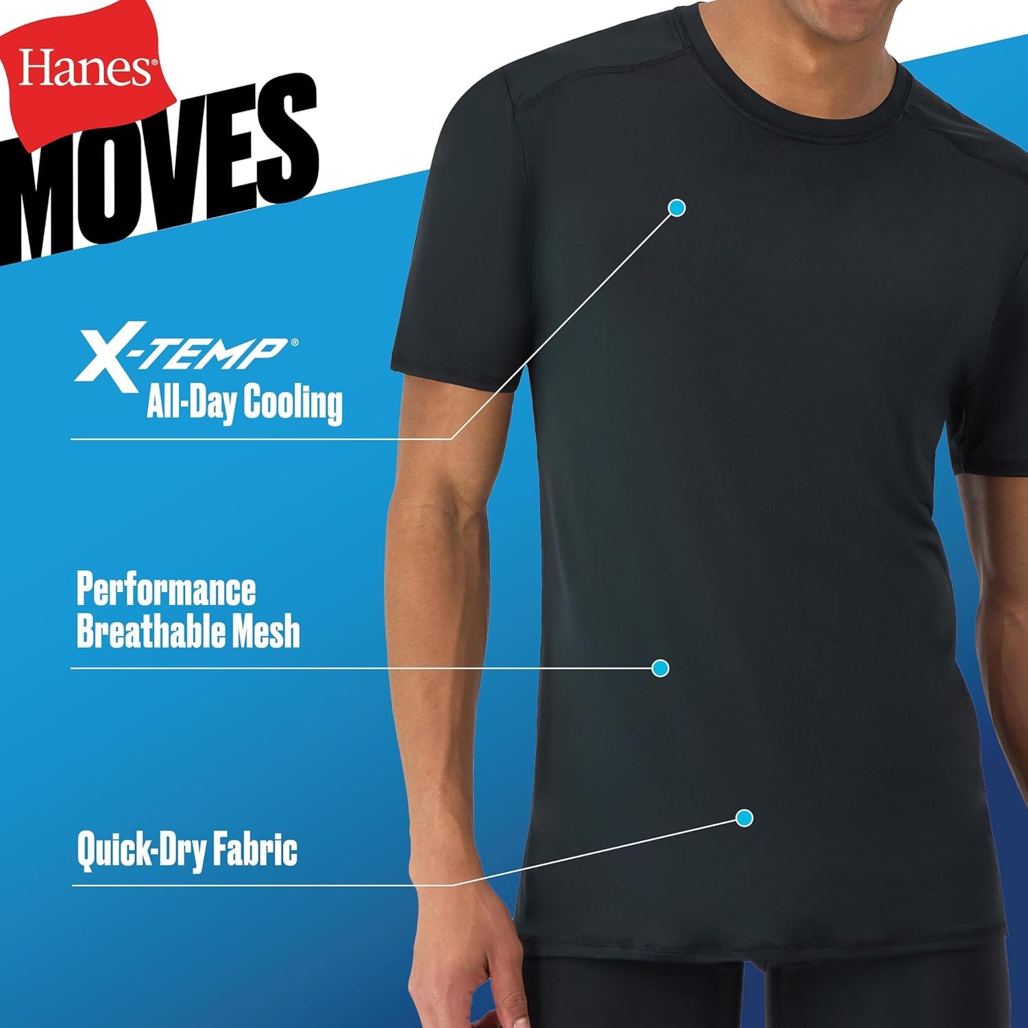 Hanes Men's Moves Breathable Mesh Back T-Shirt, X-Temp Moisture-Wicking Tee, White or Black/Grey, 3-Pack - Image 6