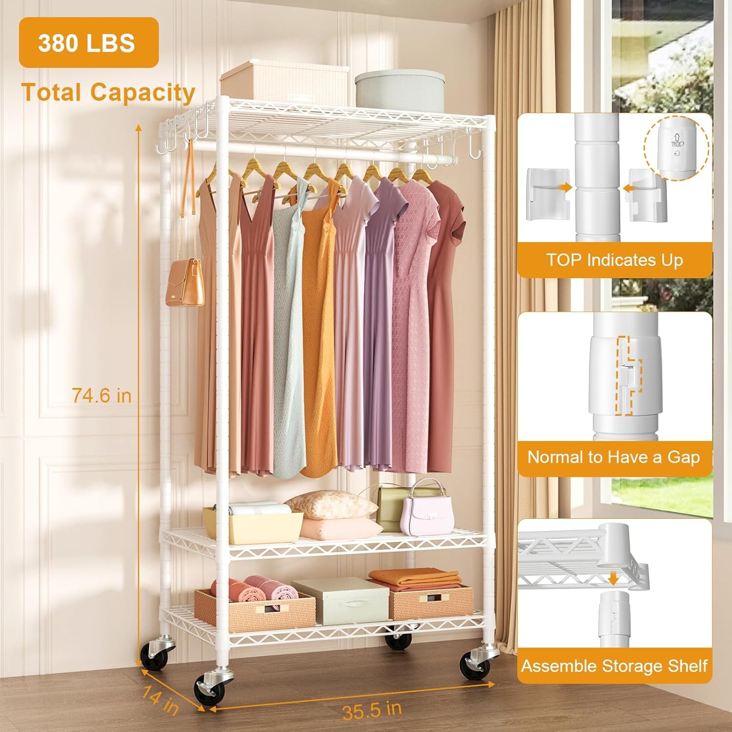 P6 Rolling Clothes Rack Heavy Duty, Clothing Racks for Hanging Clothes, Freestanding Garment Rack with Wheels, Portable Closet Rack Max Load 380 LBS, 35.5'' W x 14'' D x 74.6'' H, White - Image 7